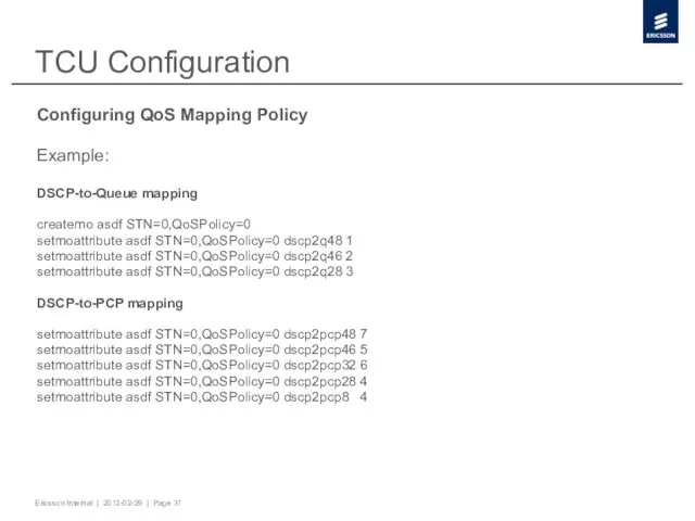 TCU Configuration Configuring QoS Mapping Policy Example: DSCP-to-Queue mapping createmo