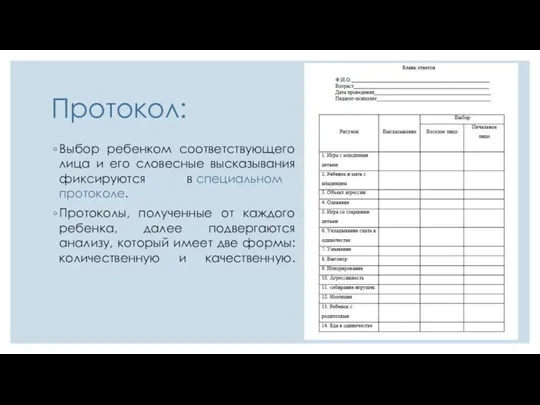 Протокол: Выбор ребенком соответствующего лица и его словесные высказывания фиксируются