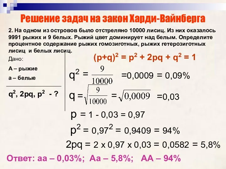 Решение задач на закон Харди-Вайнберга 2. На одном из островов