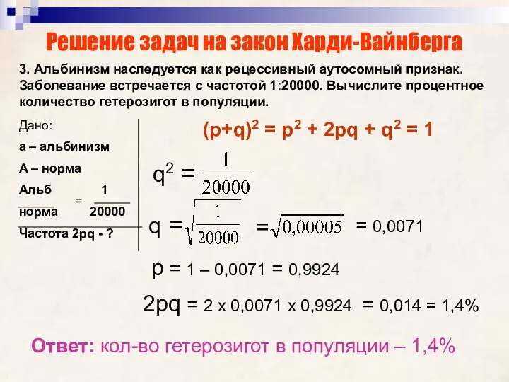 Решение задач на закон Харди-Вайнберга 3. Альбинизм наследуется как рецессивный