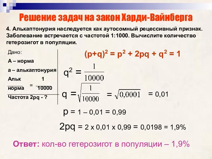 Решение задач на закон Харди-Вайнберга 4. Алькаптонурия наследуется как аутосомный