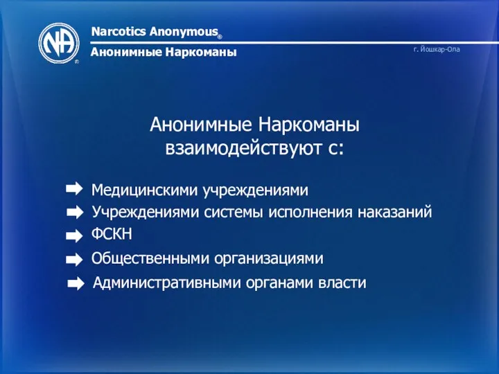 Narcotics Anonymous ® Анонимные Наркоманы г. Йошкар-Ола Анонимные Наркоманы взаимодействуют с: Медицинскими учреждениями