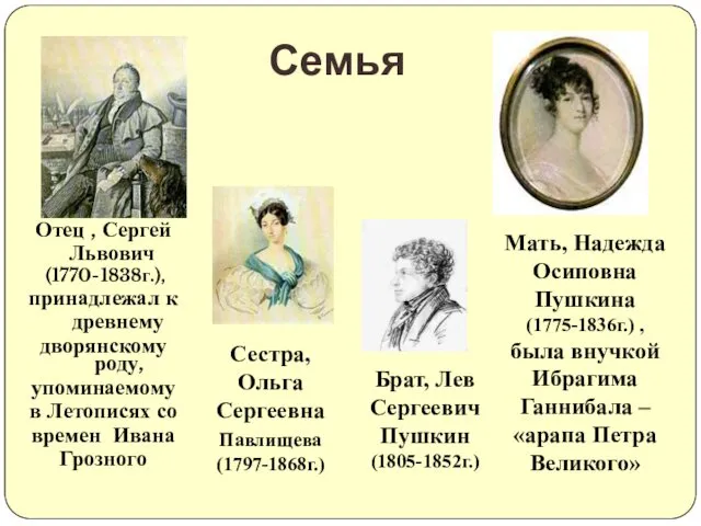 Семья Отец , Сергей Львович (1770-1838г.), принадлежал к древнему дворянскому