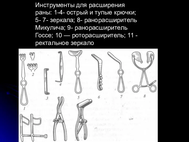 Инструменты для расширения раны: 1-4- острый и тупые крючки; 5-