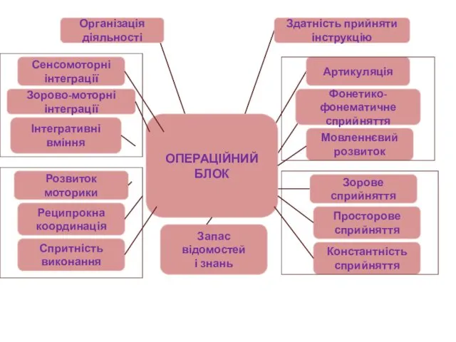 ОПЕРАЦІЙНИЙ БЛОК Організація діяльності Сенсомоторні інтеграції Здатність прийняти інструкцію Зорово-моторні