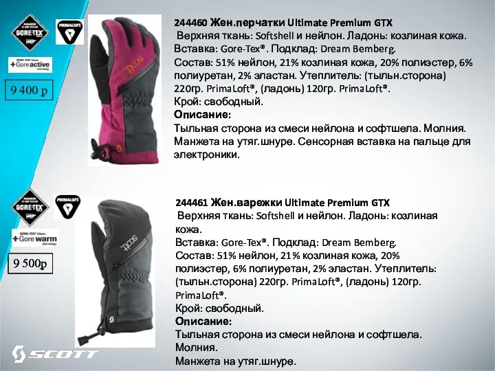 244460 Жен.перчатки Ultimate Premium GTX Верхняя ткань: Softshell и нейлон. Ладонь: козлиная кожа.