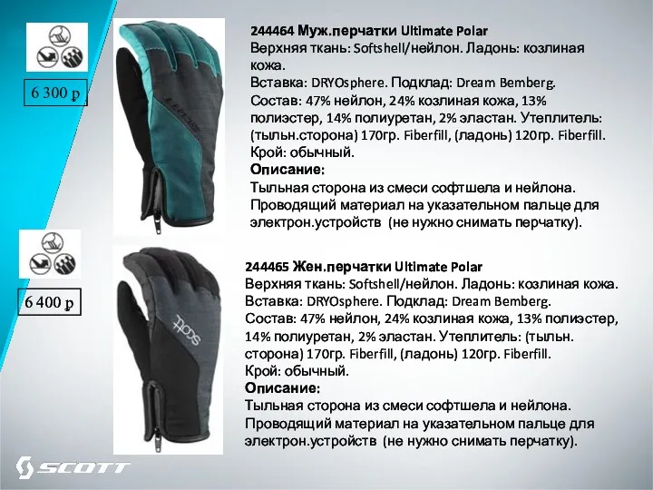 244464 Муж.перчатки Ultimate Polar Верхняя ткань: Softshell/нейлон. Ладонь: козлиная кожа. Вставка: DRYOsphere. Подклад: