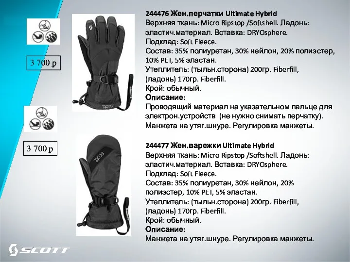 244476 Жен.перчатки Ultimate Hybrid Верхняя ткань: Micro Ripstop /Softshell. Ладонь: эластич.материал. Вставка: DRYOsphere.