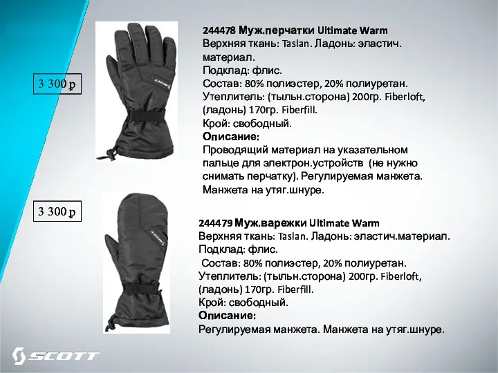 244478 Муж.перчатки Ultimate Warm Верхняя ткань: Taslan. Ладонь: эластич.материал. Подклад: флис. Состав: 80%