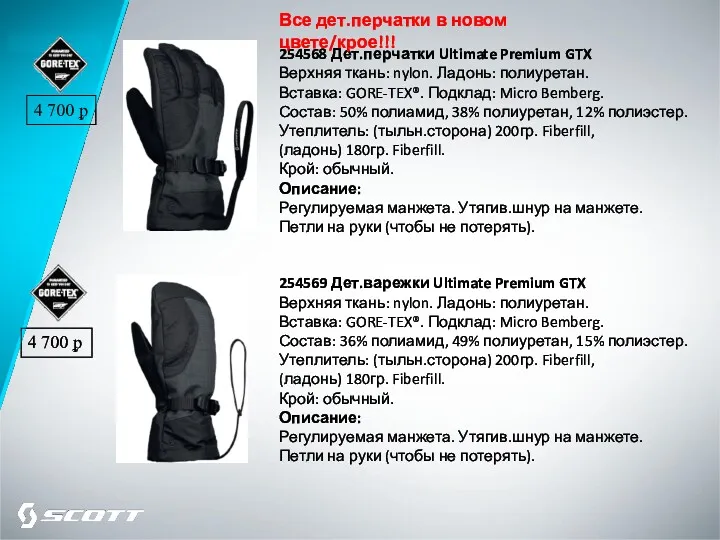 254568 Дет.перчатки Ultimate Premium GTX Верхняя ткань: nylon. Ладонь: полиуретан. Вставка: GORE-TEX®. Подклад: