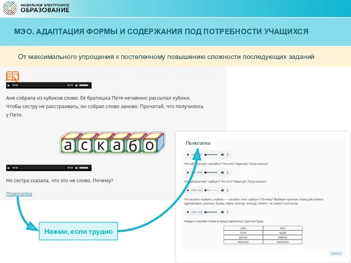 От максимального упрощения к постепенному повышению сложности последующих заданий Нажми,