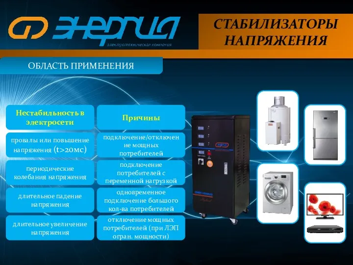 СТАБИЛИЗАТОРЫ НАПРЯЖЕНИЯ Нестабильность в электросети провалы или повышение напряжения (t>20мс)