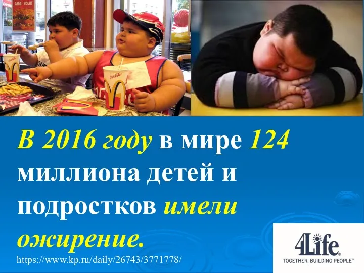 В 2016 году в мире 124 миллиона детей и подростков имели ожирение. https://www.kp.ru/daily/26743/3771778/