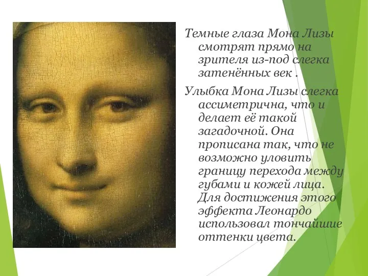 Темные глаза Мона Лизы смотрят прямо на зрителя из-под слегка