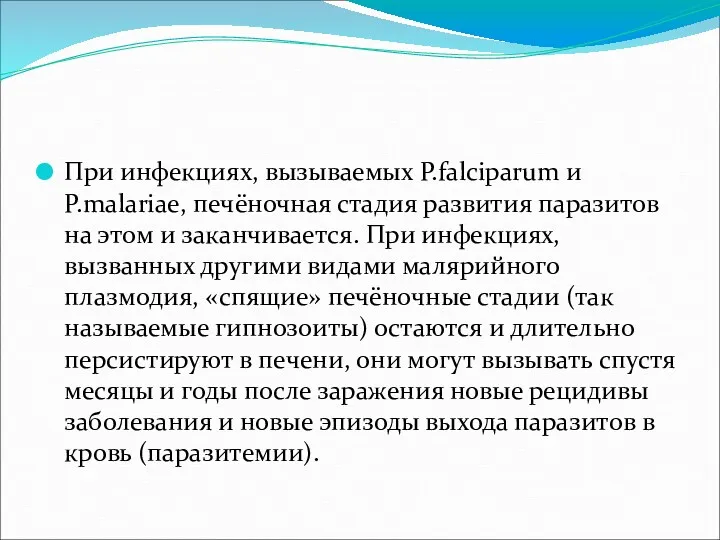 При инфекциях, вызываемых P.falciparum и P.malariae, печёночная стадия развития паразитов