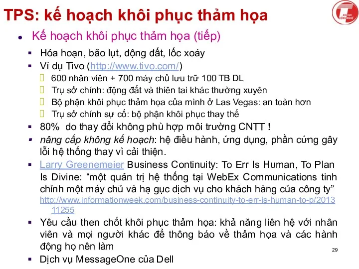 TPS: kế hoạch khôi phục thảm họa Kế hoạch khôi