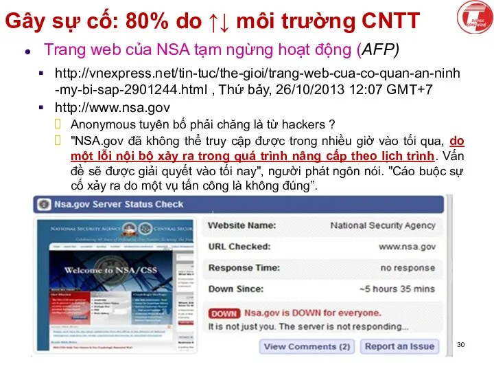 Gây sự cố: 80% do ↑↓ môi trường CNTT Trang