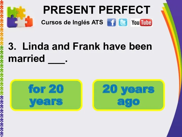 PRESENT PERFECT 3. Linda and Frank have been married ___.