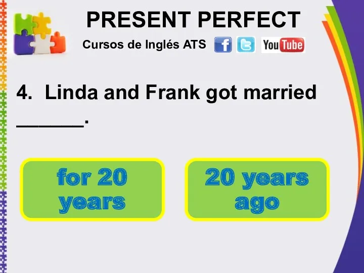 PRESENT PERFECT 4. Linda and Frank got married ______. Cursos