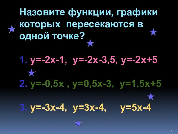 Назовите функции, графики которых пересекаются в одной точке? 1. у=-2х-1,