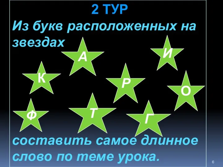 2 ТУР Из букв расположенных на звездах составить самое длинное слово по теме урока.