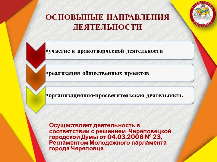 Осуществляет деятельность в соответствии с решением Череповецкой городской Думы от