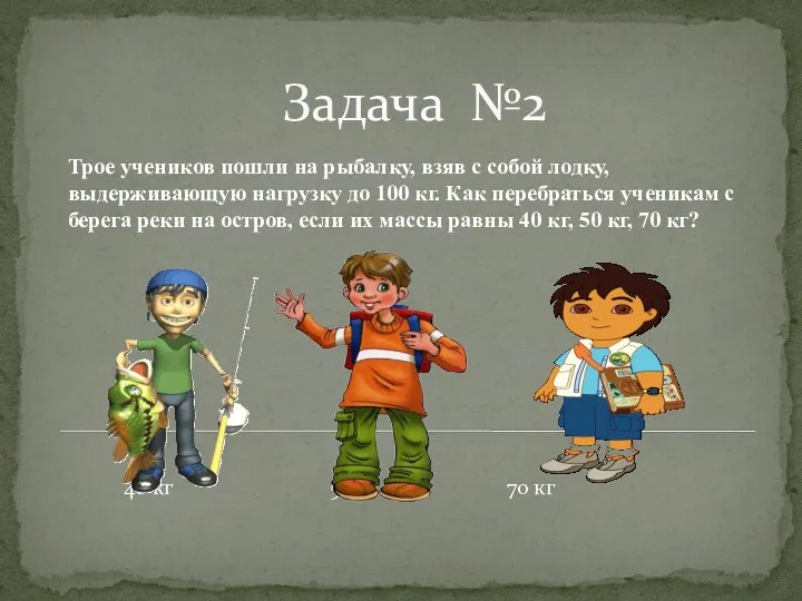 Задача №2 Трое учеников пошли на рыбалку, взяв с собой