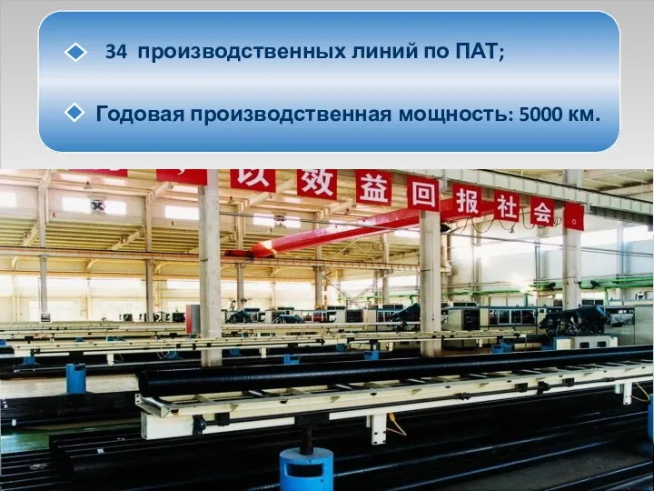 34 производственных линий по ПАТ; Годовая производственная мощность: 5000 км.