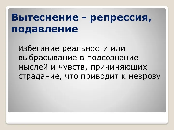 Вытеснение - репрессия, подавление Избегание реальности или выбрасывание в подсознание мыслей и чувств,