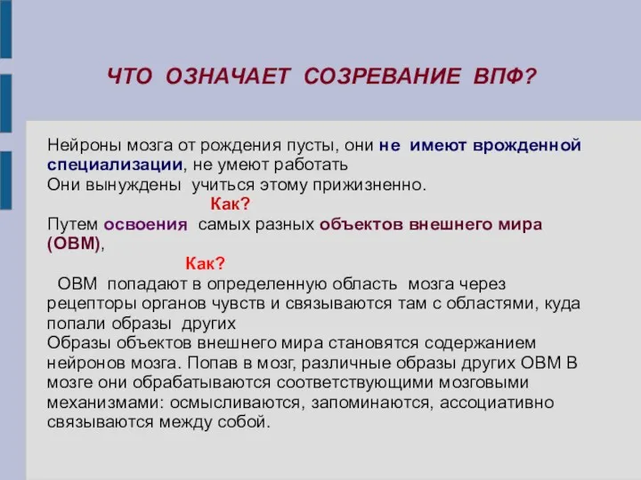 ЧТО ОЗНАЧАЕТ СОЗРЕВАНИЕ ВПФ? Нейроны мозга от рождения пусты, они