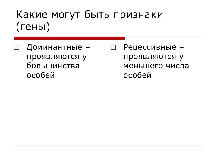 Какие могут быть признаки (гены) Доминантные – проявляются у большинства