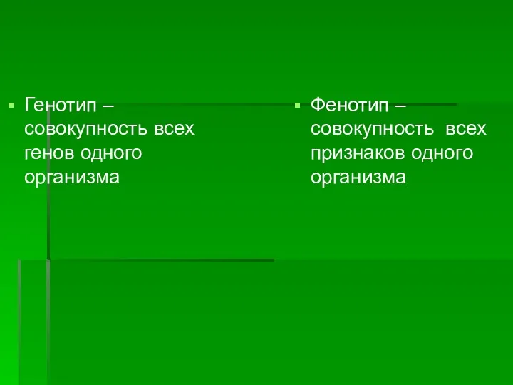 Генотип – совокупность всех генов одного организма Фенотип – совокупность всех признаков одного организма