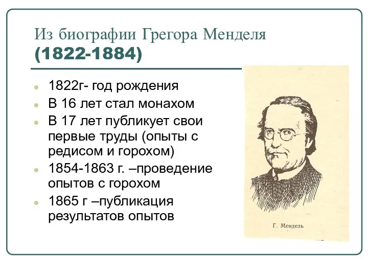 Из биографии Грегора Менделя (1822-1884) 1822г- год рождения В 16