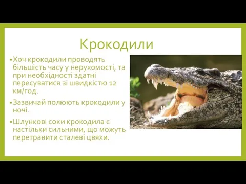 Крокодили Хоч крокодили проводять більшість часу у нерухомості, та при