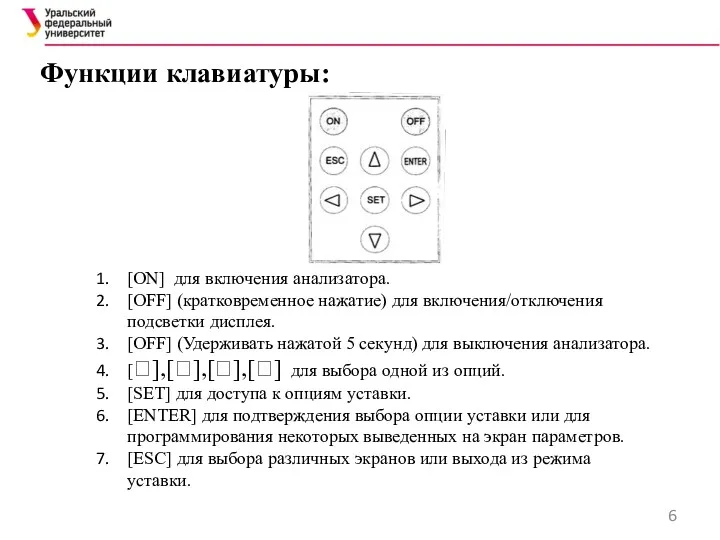 Функции клавиатуры: [ON] для включения анализатора. [OFF] (кратковременное нажатие) для