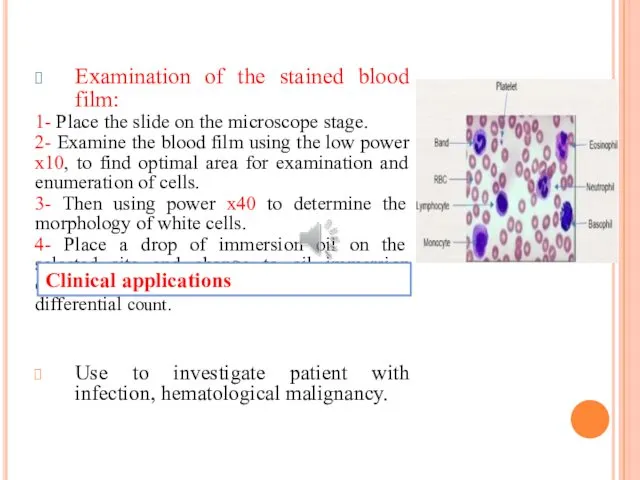 Examination of the stained blood film: 1- Place the slide