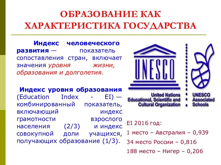 ОБРАЗОВАНИЕ КАК ХАРАКТЕРИСТИКА ГОСУДАРСТВА Индекс человеческого развития — показатель сопоставления