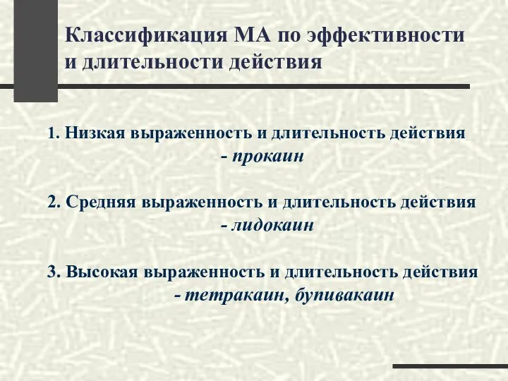 Классификация МА по эффективности и длительности действия 1. Низкая выраженность