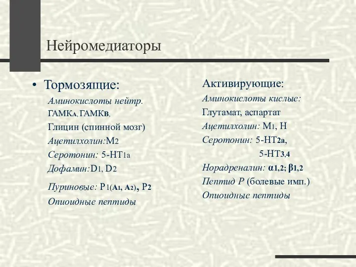 Нейромедиаторы Тормозящие: Аминокислоты нейтр. ГАМКА, ГАМКВ, Глицин (спинной мозг) Ацетилхолин:М2