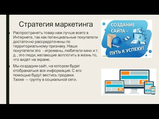 Стратегия маркетинга Распространять товар нам лучше всего в Интернете, так