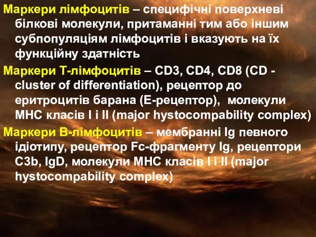 Маркери лімфоцитів – специфічні поверхневі білкові молекули, притаманні тим або