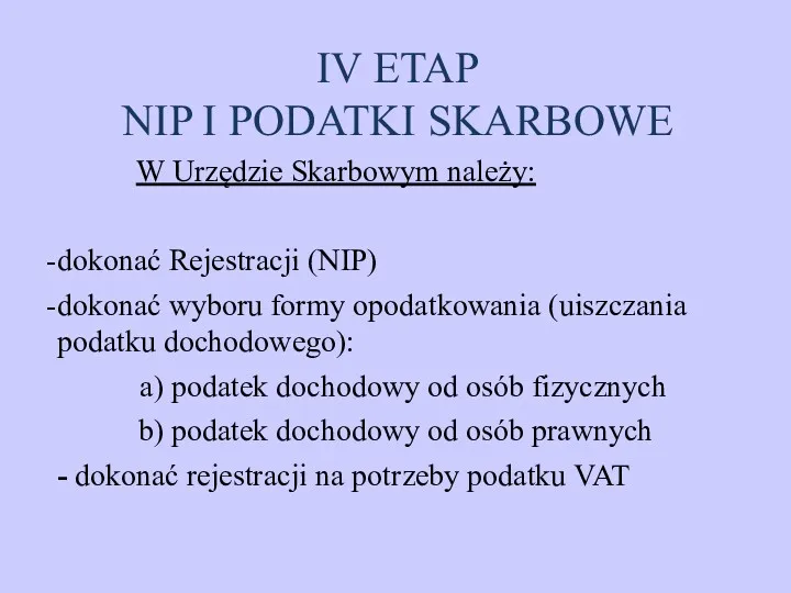 IV ETAP NIP I PODATKI SKARBOWE W Urzędzie Skarbowym należy: dokonać Rejestracji (NIP)