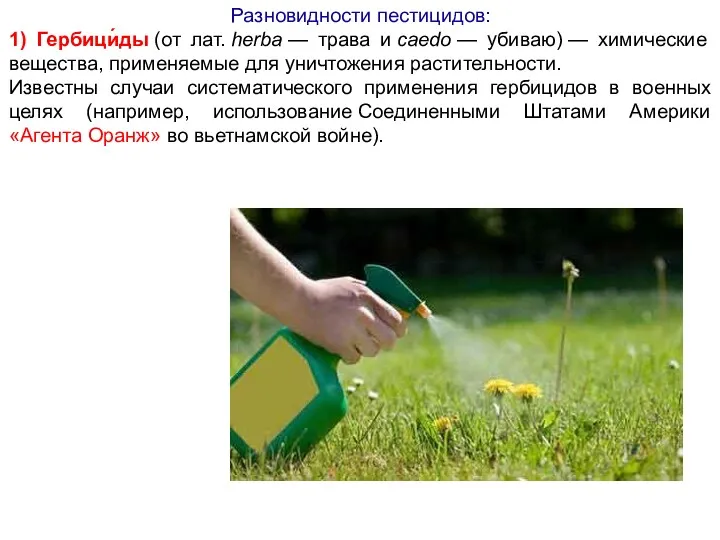 Разновидности пестицидов: 1) Гербици́ды (от лат. herba — трава и
