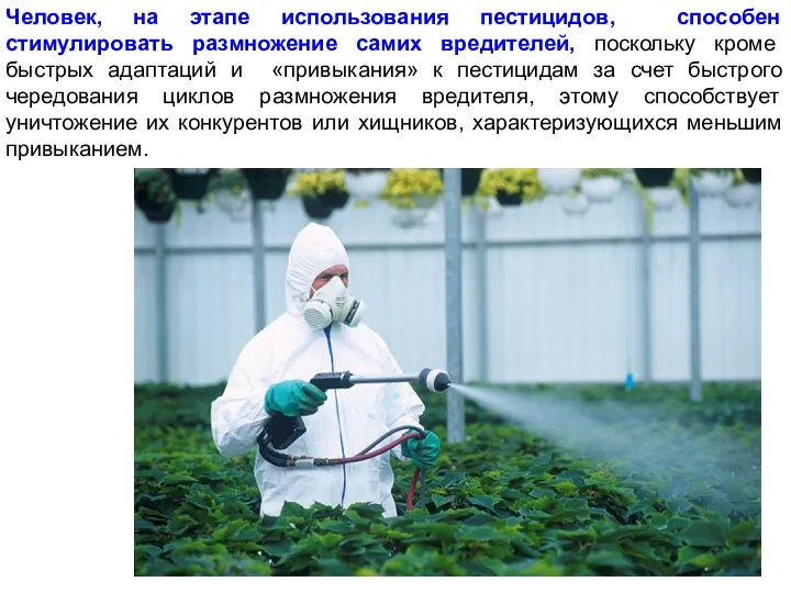 Человек, на этапе использования пестицидов, способен стимулировать размножение самих вредителей,