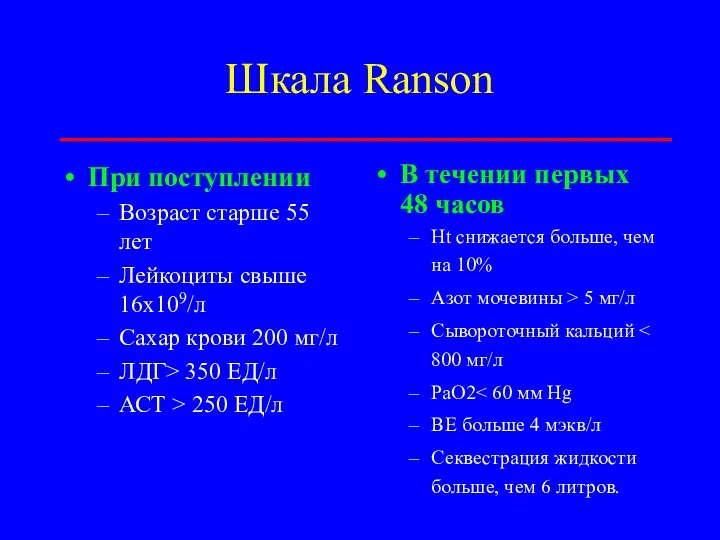 Шкала Ranson При поступлении Возраст старше 55 лет Лейкоциты свыше