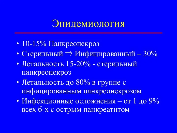 Эпидемиология 10-15% Панкреонекроз Стерильный ⇒ Инфицированный – 30% Летальность 15-20%