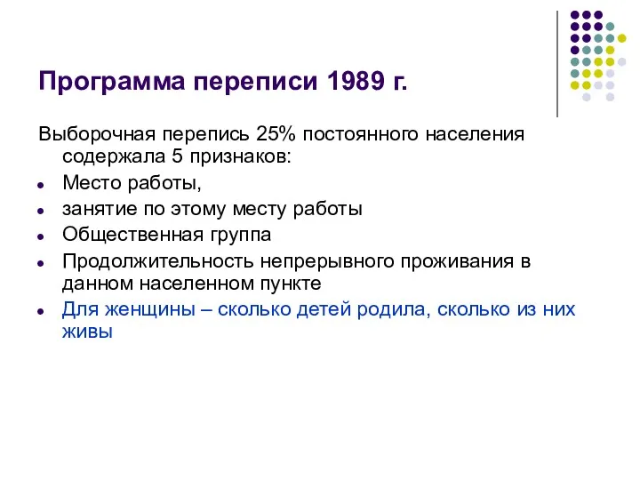 Программа переписи 1989 г. Выборочная перепись 25% постоянного населения содержала