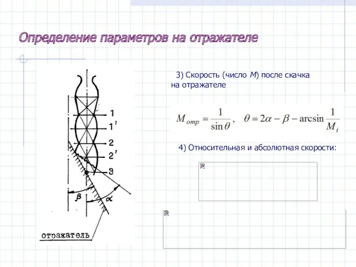 Определение параметров на отражателе 3) Скорость (число М) после скачка