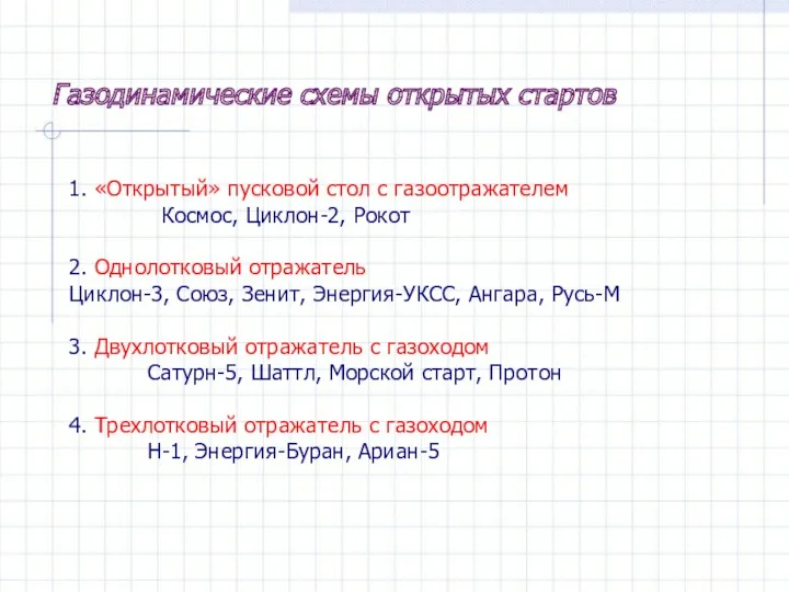 Газодинамические схемы открытых стартов 1. «Открытый» пусковой стол с газоотражателем