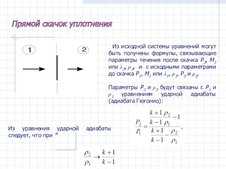 Прямой скачок уплотнения Из исходной системы уравнений могут быть получены